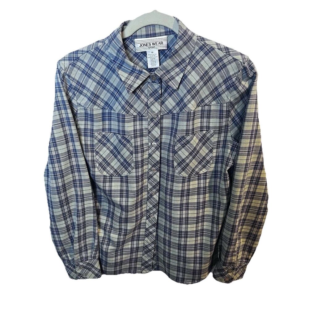 Jones Wear Sport Women’s Blue Green Plaid Button Down Shirt Long Sleeves Size 10
